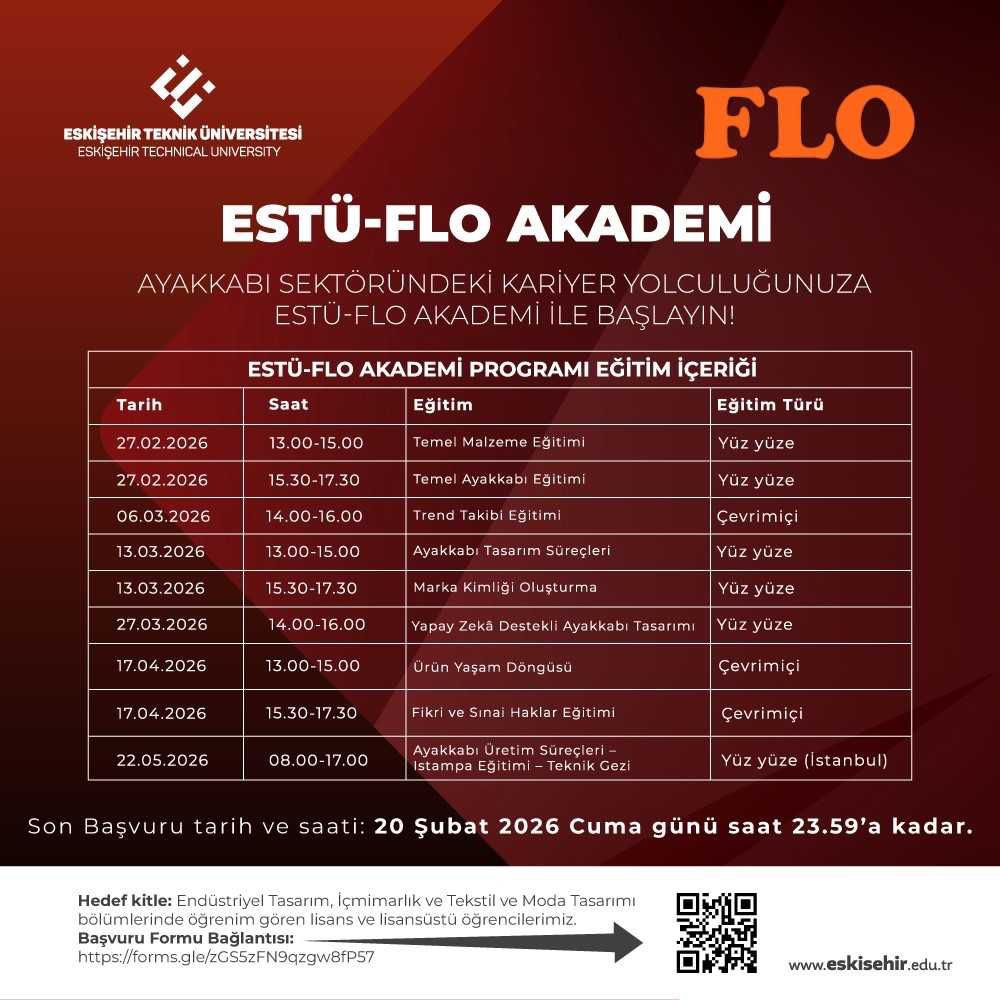 👟 ESTÜ–FLO Akademi Başlıyor!
Ayakkabı sektöründe kariyer hedefleyen öğrencilerimiz için sektörle iç içe kapsamlı bir eğitim programı başlıyor. Tasarımdan yapay zekâ destekli üretime, marka kimliğinden teknik geziye kadar pek çok başlık bu programda!
🗓 Son başvuru: 20 Şubat 2026