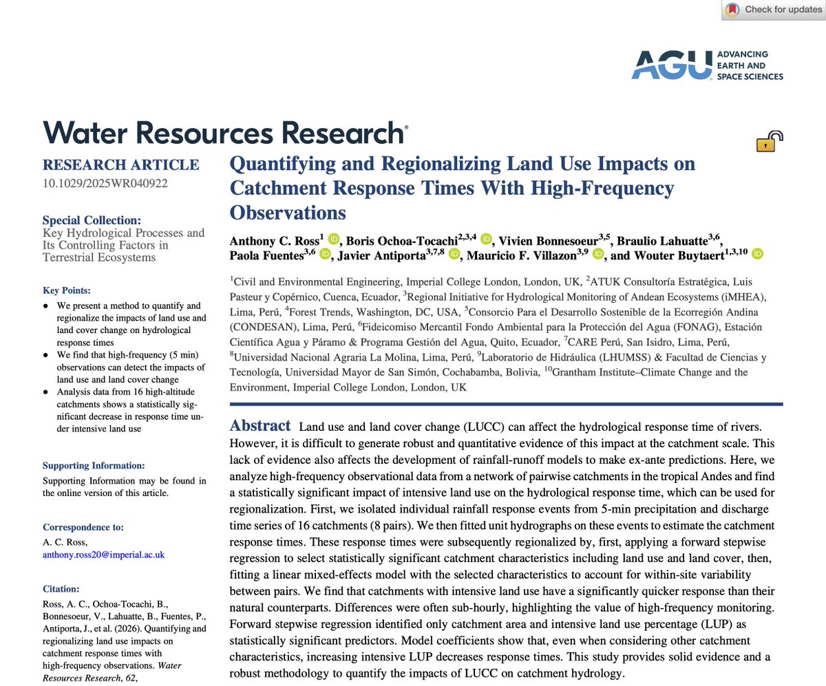 ATUK_ce's tweet photo. Nueva publicación 📢:
Quantifying and Regionalizing Land Use Impacts on Catchment Response Times With High-Frequency Observationscby #ARoss, @topicster, #VBonnesoeur, #BLahuatte, #PFuentes, @JavierAntiporta, #MVillazon, @WouterBuytaert.
Acceso libre: https://t.co/4fC9Q3Qa4r https://t.co/DJC18f7cJ0