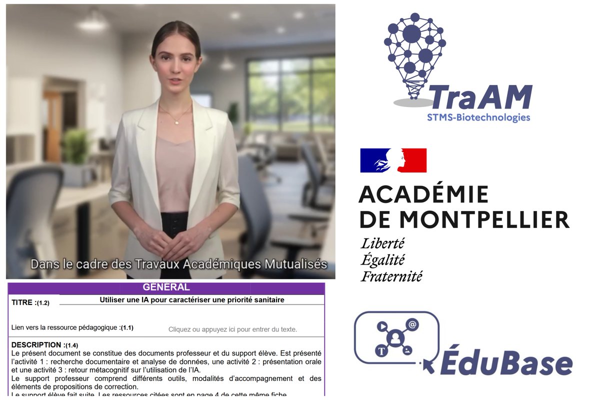 biotech_edu_num's tweet photo. [🔴 #TraAM Biotechnologies STMS 2024-25 ] : #Édubase - Utiliser une IA pour caractériser une priorité sanitaire #ST2S : 
✅recherche documentaire &amp; analyse de données
✅présentation orale 
✅retour sur l'utilisation de l'IA
@acmontpellier
@DraneOccitanie
➡️https://t.co/re9BJCLbNX https://t.co/5nhvOOi9Mz