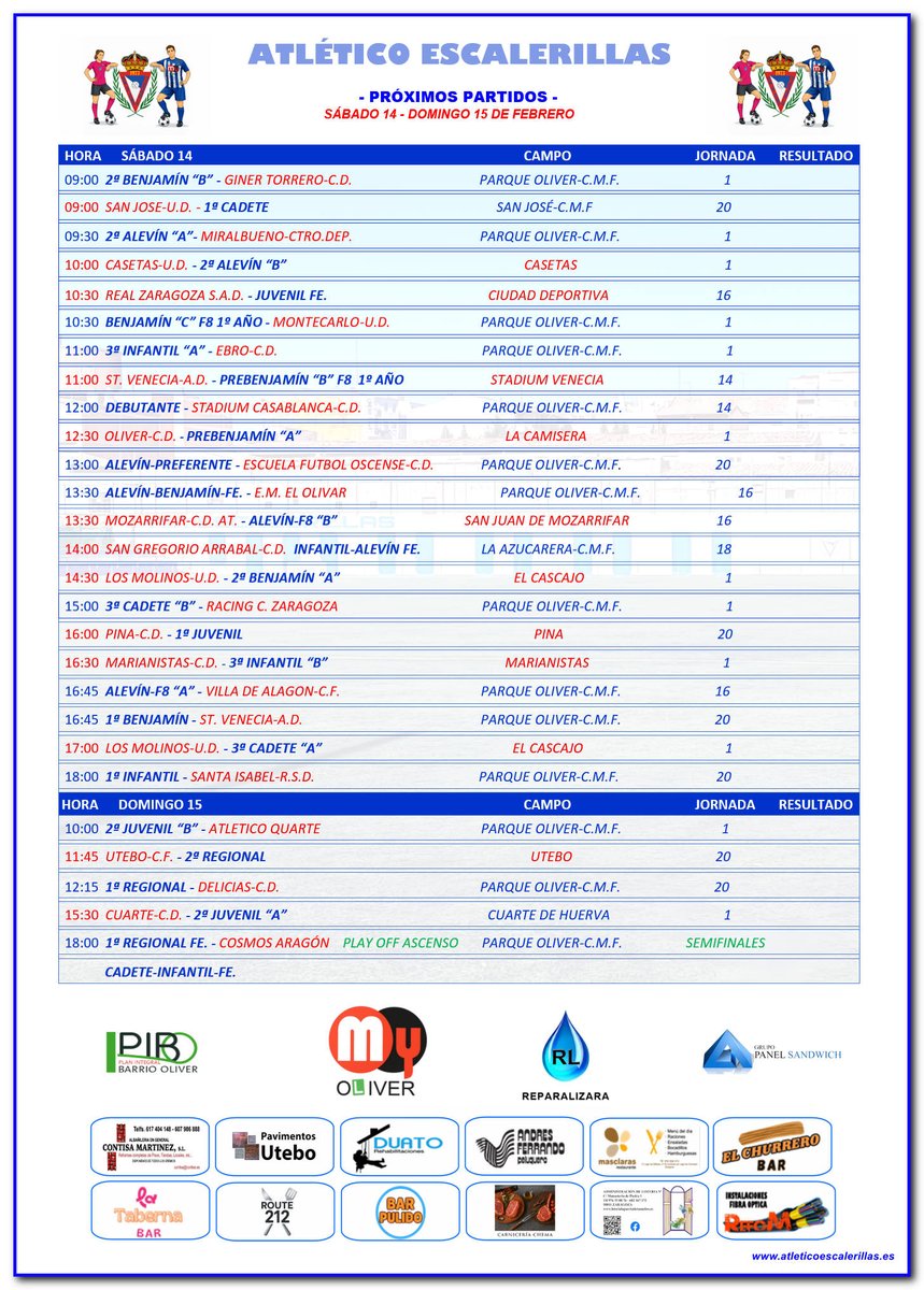 Horarios de nuestros equipos para el próximo fin de semana 14-15 de febrero.