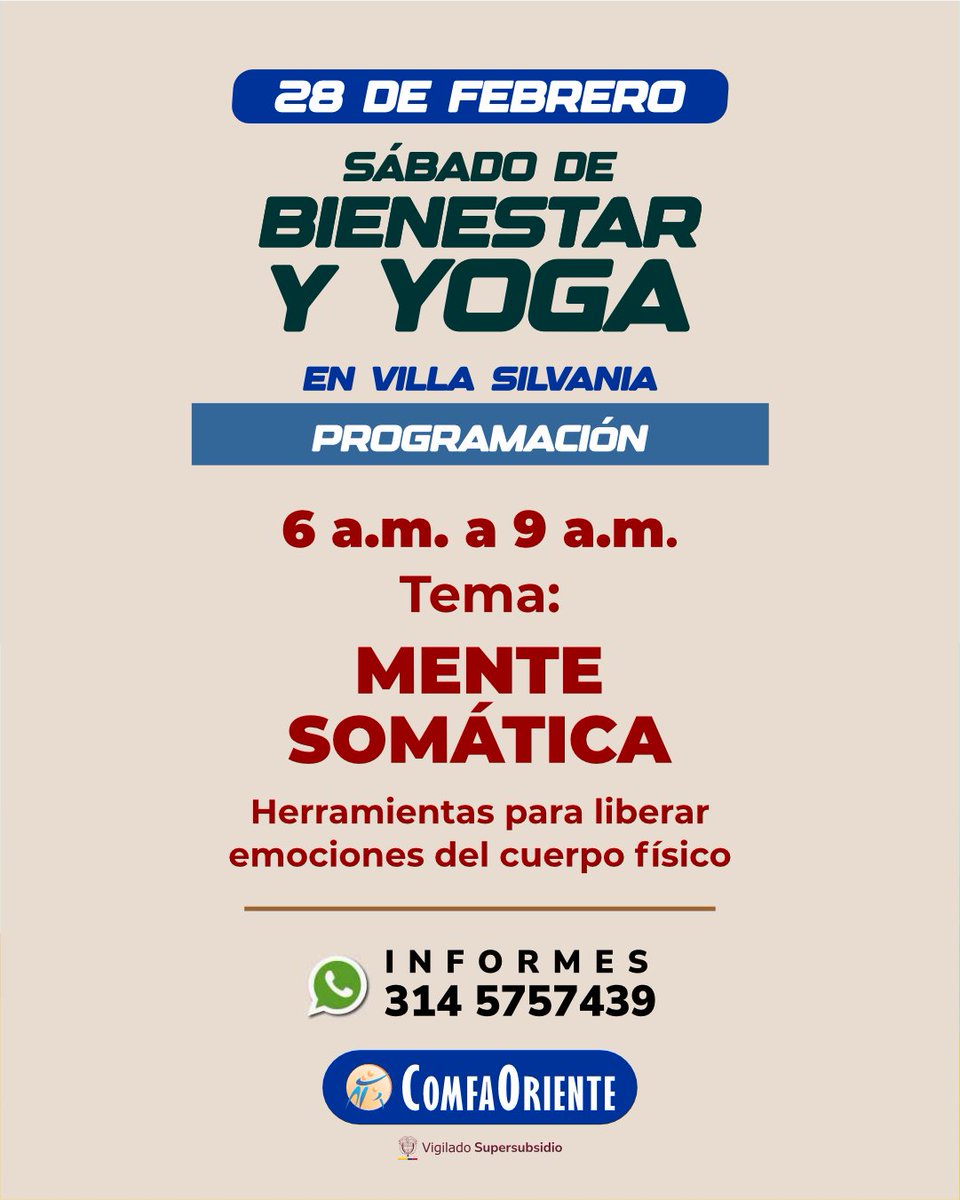 Sábado de bienestar y yoga en Villa Silvania 🧘‍

Elige la sesión de tu preferencia y llena tu vida de bienestar. Te esperamos desde las 06:00 a.m.

🗓️ Sábado 28 de febrero 2026.
📍 Villa Silvania.

Inscríbete ya 👉 comfaoriente.com/sabado-de-bien…

#ComfaOriente #LaCajaDeLosBeneficios