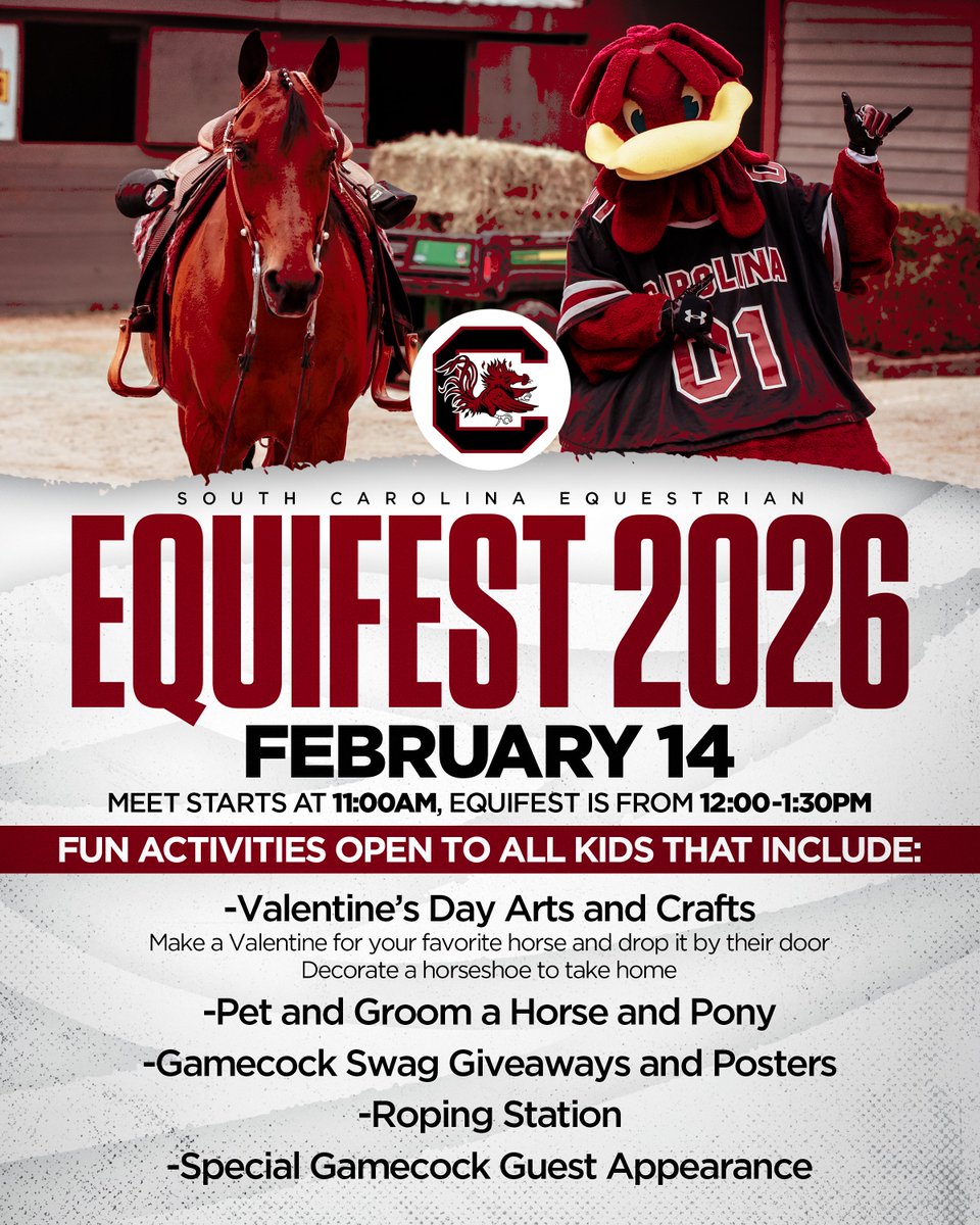 GamecockEQ's tweet photo. Don't forget Gamecocks!! Come cheer us on this Saturday as we take on #1 Georgia, while enjoying some fun activities as part of our annual Equifest 🐴

📍 One Wood Farm (1201 Syrup Mill Rd) https://t.co/TWFQZXuNc9