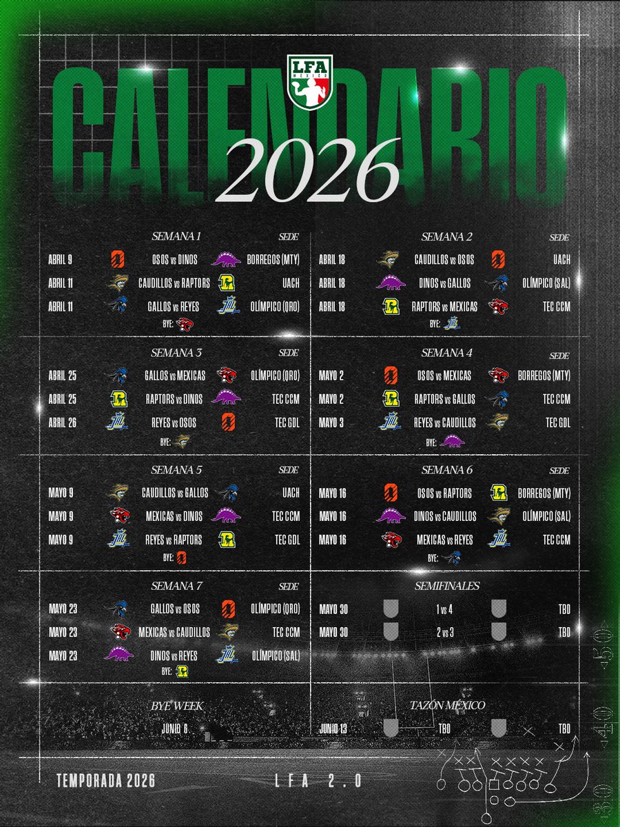 LFA_Mex's tweet photo. La espera terminó… El calendario 2026 ya es oficial. 

La temporada que redefine el futuro de los equipos comienza AHORA. ⏱️🗓️🏈 

#LFA #LaLiga #LFAdospuntocero #nextlevelLFA https://t.co/TGelGlvSoq