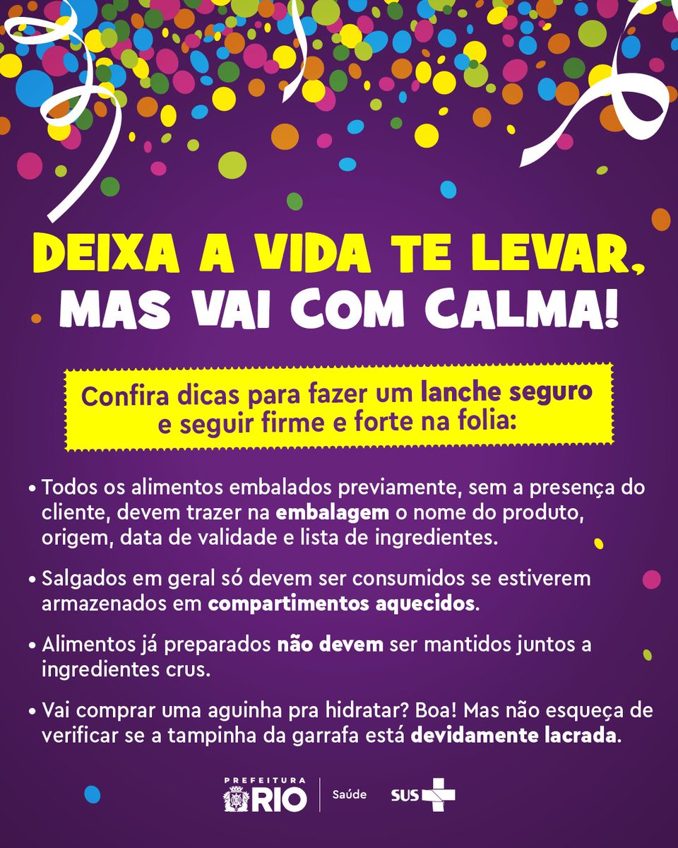 A gente sabe que a correria do bloquinho faz parte do charme carnavalesco, mas ninguém quer passar mal no meio da festa, né? Confira na imagem dicas para garantir a segurança na hora de fazer aquele lanche camarada! 🍞🎉

<a href="/Saude_Rio/">Secretaria Municipal de Saúde do Rio de Janeiro</a> <a href="/Prefeitura_Rio/">Prefeitura do Rio</a>