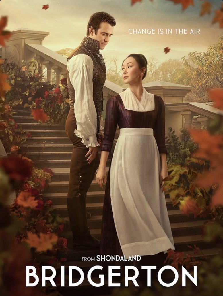 New “Bridgerton” season four poster featuring Yerin Ha and Luke Thompson as Sophie and Benedict 🤎