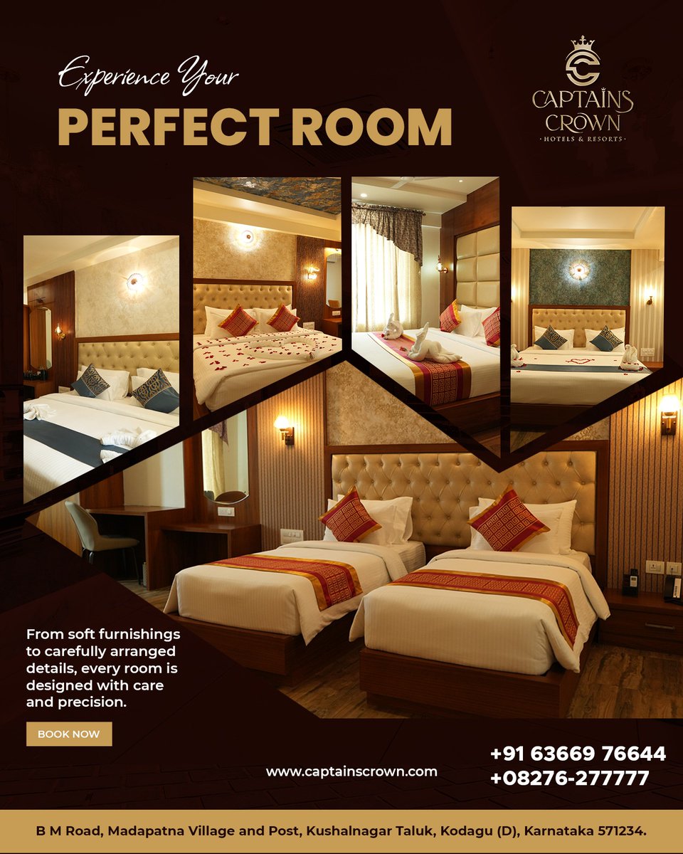 captainscrown's tweet image. From soft furnishings to carefully arranged details, every room is designed with care and precision.

#CaptainsCrown 
#goldengarnish 
#kushalnagar 
#hotels 
#happylife❤️