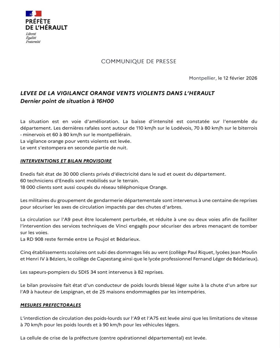 Image de Préfète de l'Hérault - 💨Levée de la vigilance orange vents violents dans l’Hérault 
Dernier point de situation à 16H00
⬇️⬇