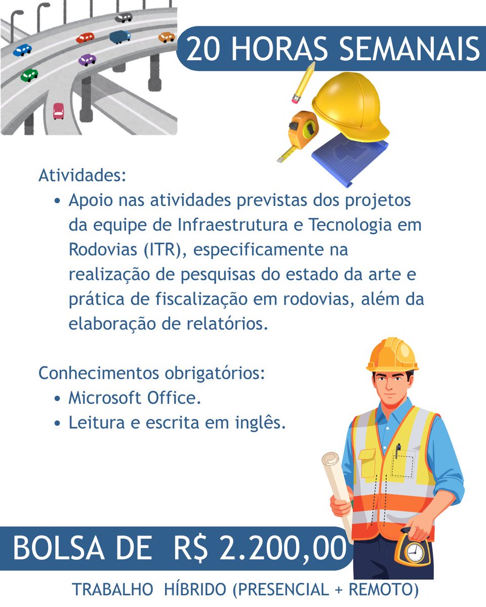 LabtransUFSC's tweet image. 🎓🚧 OPORTUNIDADE DE MESTRADO EM ENGENHARIA CIVIL NO LABTRANS!

Se você quer aprofundar seus conhecimentos e atuar em projetos estratégicos na área de Infraestrutura e Tecnologia em Rodovias (ITR), essa é a sua chance!

🔎 Atividades:
• Apoio nas atividades dos projetos da