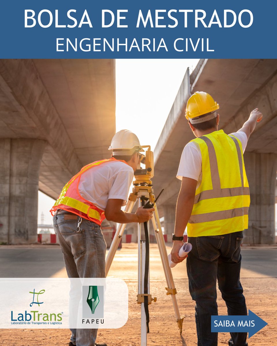 LabtransUFSC's tweet image. 🎓🚧 OPORTUNIDADE DE MESTRADO EM ENGENHARIA CIVIL NO LABTRANS!

Se você quer aprofundar seus conhecimentos e atuar em projetos estratégicos na área de Infraestrutura e Tecnologia em Rodovias (ITR), essa é a sua chance!

🔎 Atividades:
• Apoio nas atividades dos projetos da