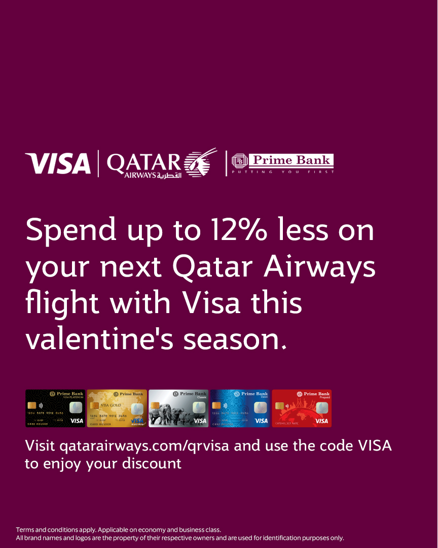 PrimeBankAfrica's tweet image. Awaken your love for travel. Fly for less with Qatar Airways and enjoy up to 12% off when you pay with your Prime Bank Visa Card.

Book on qatarairways.com/qrvisa and use code VISA.
Valid until 31 March 2026. T&amp;amp;Cs apply.

#PayWithVisa #PrimeBank #PuttingYouFirst #Visa #WeAccept