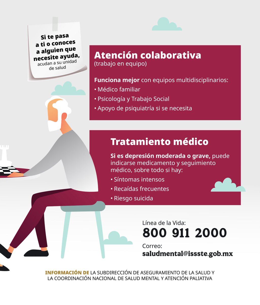 👵🏼👴🏻 Cuando una persona mayor vive con depresión, tu escucha y tu amor pueden ser un gran sostén. 🫂

Como familiar, así puedes ayudar de verdad:
 💙 Sé presencia, no presión💙

Recuerda pedir orientación también es parte del cuidado: 📧 saludmental@issste.gob.mx