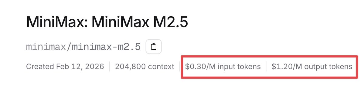 bridgemindai's tweet image. MiniMax M2.5 just dropped and it's the cheapest frontier-class model on OpenRouter.

$0.30 per million input tokens. 
$1.20 per million output.

For context:

GLM 5: $1/$3.20
GPT 5.3 Codex: $1.75/$14
Claude Opus 4.6: $5/$25

MiniMax M2.5 is 3x cheaper than GLM 5 and 17x cheaper