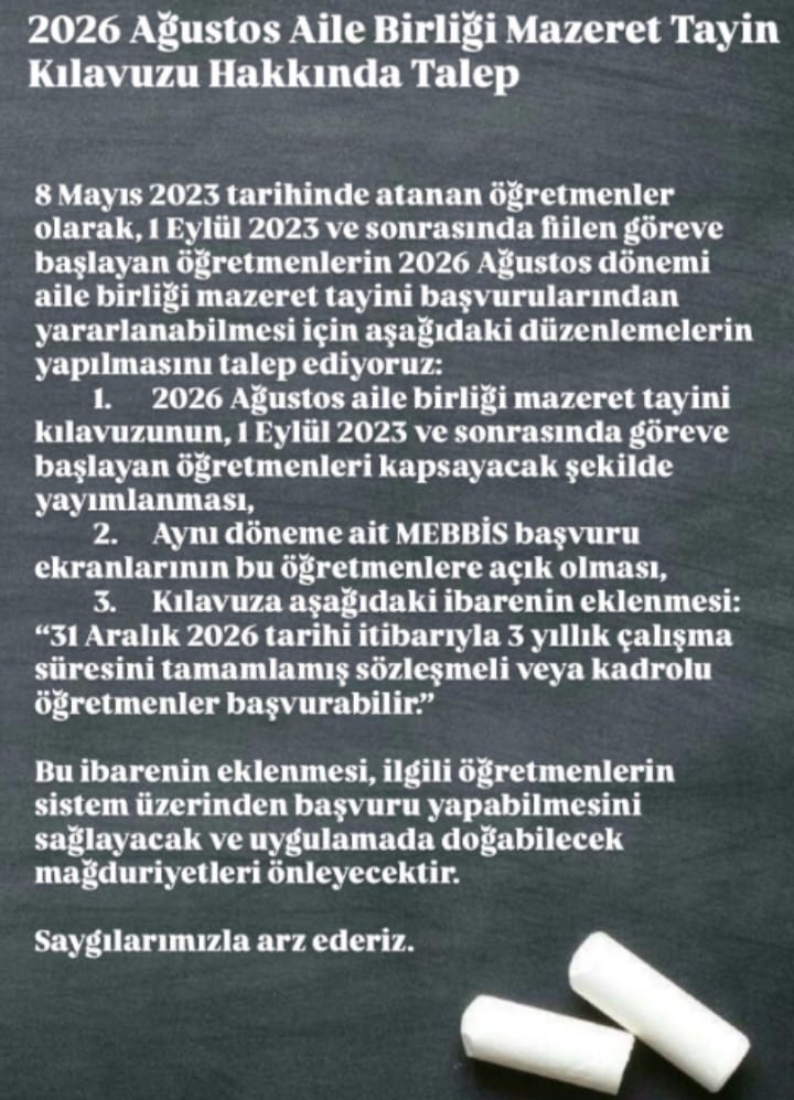 <a href="/TayinHakki2026/">Mazeret Tayin Hakkımız 2026</a> <a href="/alper_ogretici/">Mehmet Alper ÖĞRETİCİ</a> <a href="/anadoluaes/">Anadolu Eğitim-Sen</a> 2026 Ağustos’ta 3 yıllık görev süremizi tamamlamış olacağız. Bir düzenleme olmazsa hakkımız olduğu halde mazeret tayininden faydalanamayacağız ve mağdur olacağız. Haklı talebimize ses olmanızı istiyoruz. Desteklerinizi bekliyoruz. 

<a href="/Yusuf__Tekin/">Yusuf Tekin</a> 

#2023EylülAtamasıAileBirligi