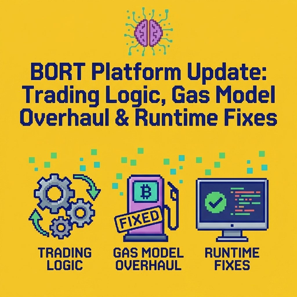 BortOnBsc's tweet image. BORT Platform Update: Trading Logic, Gas Model Overhaul &amp;amp; Runtime Fixes

Deployed TradingAgentLogicV5 to BSC Mainnet(0x61b3F08579237DA6247DE20af1F5a4e5a95D9C52).
 Removed all legacy trading contracts (V1-V4) from the runtime.
 Fixed a critical issue where agents reported "I am