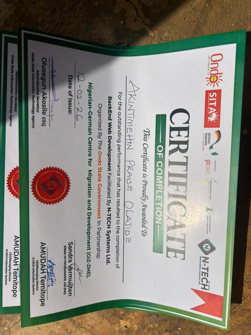 AshiwajuPriest's tweet image. Grateful to have completed the Backend Web Development program 🎓
Thanks to everyone who made this possible. On to the next level 🚀
@GIZNigeria @OndoStateGovt @NTechSystemsLtd @OndoSITA
#SkillsDevelopment #TechInOndo #BackendDevelopment