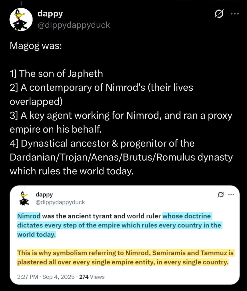 SH37363543's tweet photo. @dippydappyduck @zenoxas @qdev0s @doubleDutchquak @hermit801917 @MasalaFry69 @SocialistAct https://t.co/R88Xhvy7Tu
Magog/Dardanus/Trojan/Phrygian/Brutus/Romulus line ran a huge proxy empire for Nimrod's dynasty upto 550 BC.
The rule of Nimrod and his dynasty wasn't limited to its physical realm but the entire world. https://t.co/DNv9JlviAw