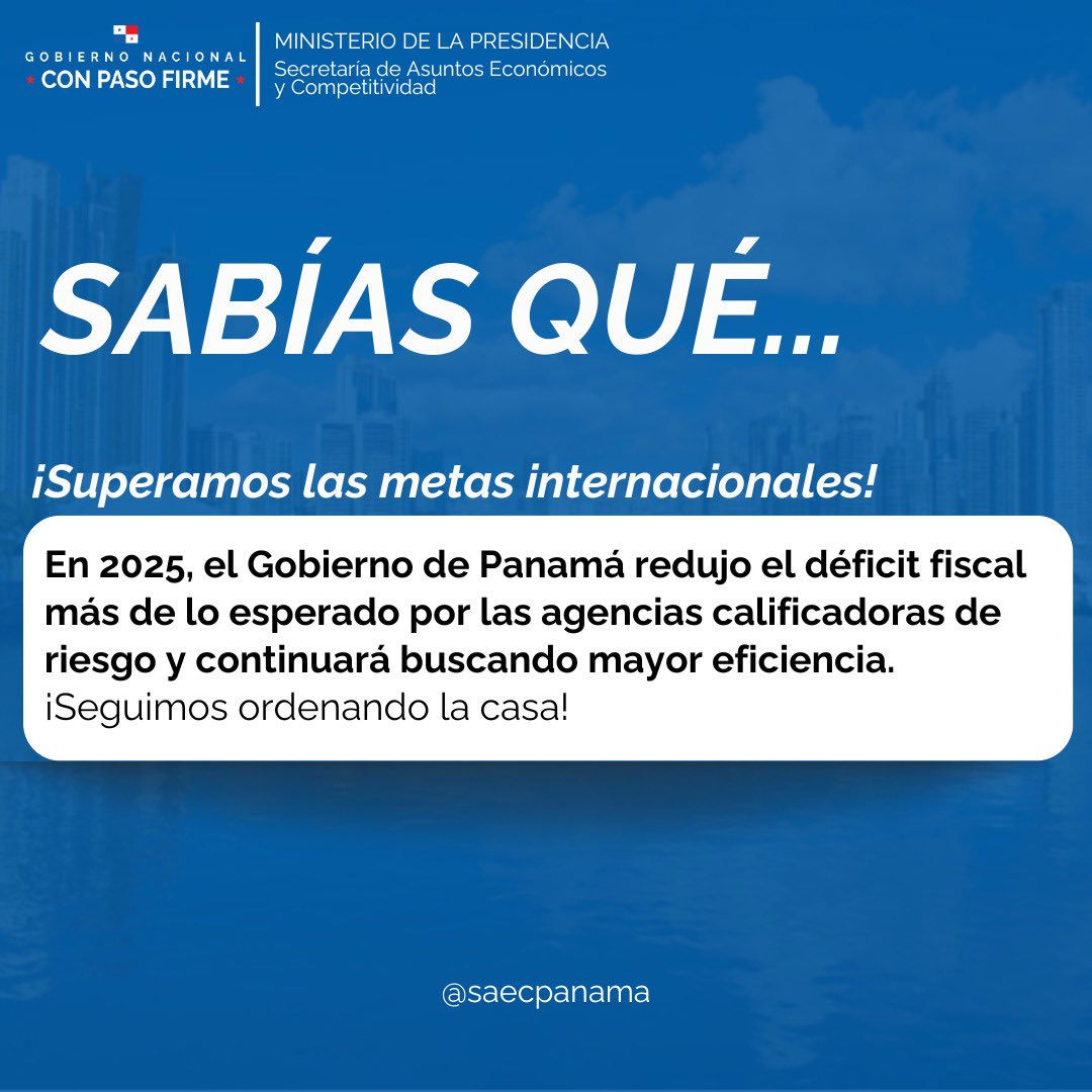 En 2025, logramos reducción histórica del déficit fiscal al 3.68% 🙌🏻🇵🇦 <a href="/Mef_Pma/">Ministerio de Economía y Finanzas de Panamá</a>  #PanamáCompetitivo #Panamá #Competitividad 

🌐Enlace: presidencia.gob.pa/publicacion/go…