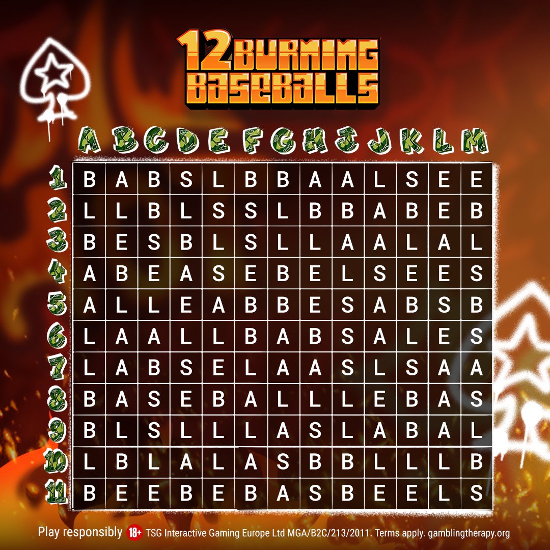 The word BASEBALL is hidden in our word search grid, can you hit a home run and find it? 🔍

Reply with your answer + [Stars ID] + #Slotlist by 20:00 CET, Fri. Ten winners will receive $5 Instant Bonus.

T&amp;Cs: psta.rs/TCsGL

Give 12 Burning Baseballs a spin