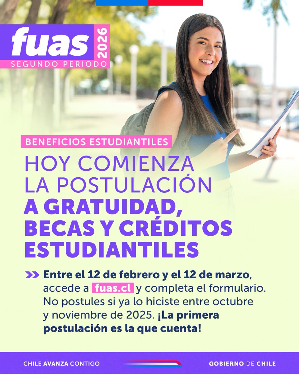 📣 Accede a beneficios estudiantiles en la educación superior para el 2025

Puedes postular si este será tu primer año o si ya la cursas. 
👉Si ya cuentas con algún beneficio, no es necesario que completes el formulario nuevamente.

Completa el #FUAS en 📲 fuas.cl