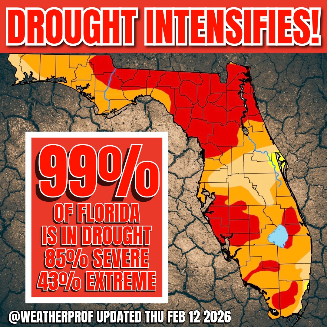 WeatherProf's tweet image. Wow. Update: 99% of #Florida now covered in #Drought!! 85% Severe. 43% Extreme. It’s going to be a tough fire season, unless we get good rain. 
The rain Sunday night will help a little.