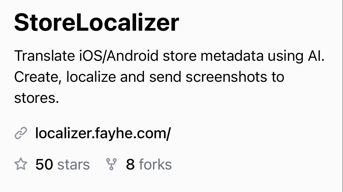 fayhecode's tweet image. My GitHub project StoreLocalizer reached 50 stars, only 50 left to reach 100 ⭐️