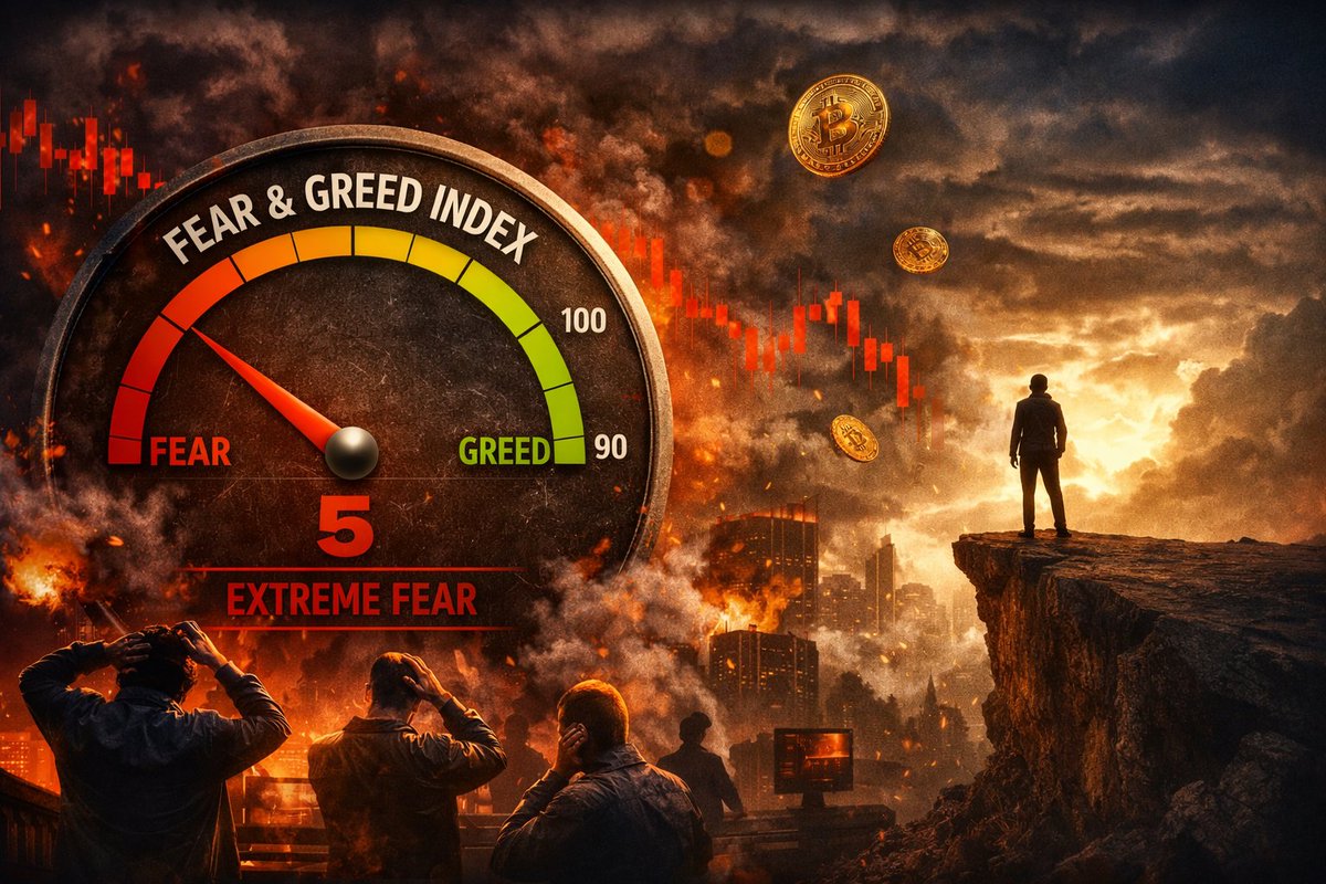 GOOD NİGHT 

The Crypto Fear &amp; Greed Index just dropped to 5.
Extreme fear.
Maximum uncertainty.
When emotions peak, clarity disappears.
So pause for a moment and ask yourself:
Is the market panicking…
or are the patient ones quietly positioning?