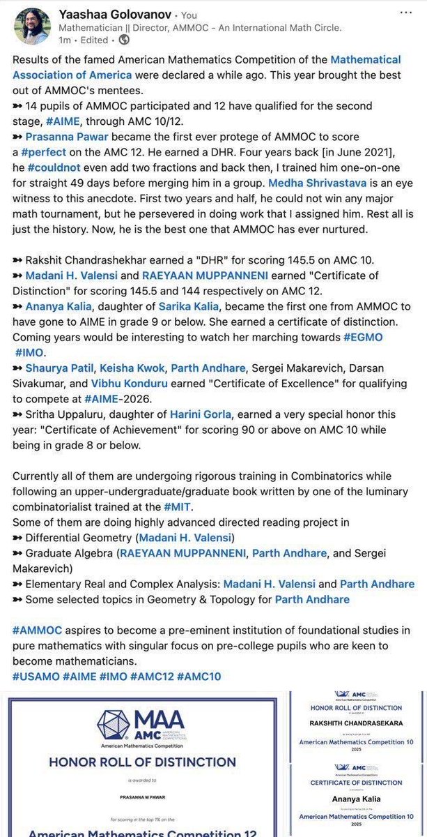 Golovanov_ammoc's tweet image. • 14 participated in AMC 10/12-2025 of @maanow.
• 12 qualified for #AIME. 
• two DHR, four distinction, and rest everyone “certificate of excellence to compete at AIME”
• Some of them would sooner or later represent their country at the #IMO #EGMO and would be mathematician.