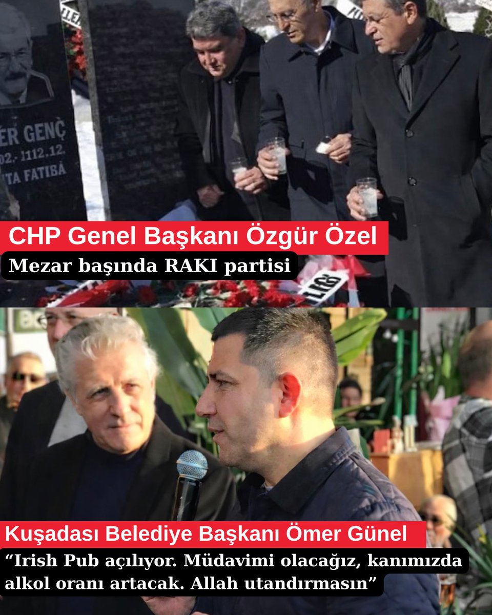 Kuşadası’da bar açan Beldiye Başkanı Ömer Günel: “Kanımızda alkol oranı artacak, ALLAH utandırmasın”.

Mega projesi RAKI’yı ucuzlatmak olan, mezarda kadeh tokuşturan Sayın Özgür Özel…

Allah’ın adını anarak kanındaki alkol oranının yükselmesini dileyen bir Belediye Başkanı ancak