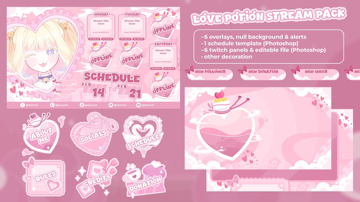 [ FREE TO USE / F2U ]  - Limited time
💖Love Potion Stream Bundle💖
Available on my #Vgenshop. 

♥︎ + ↻ supper appreciated! 
#VTuberAssets 
🔗below: