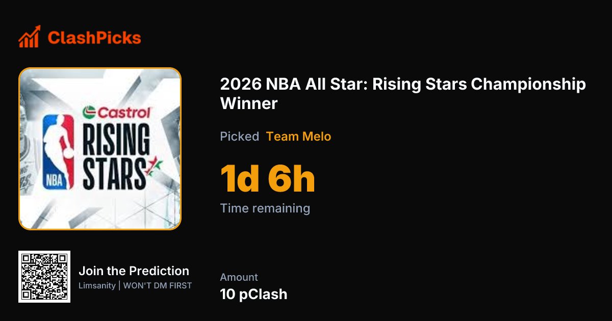 ClashPicks's tweet photo. 🏀 2026 NBA All-Star: Rising Stars Championship Winner

Who’s taking the crown at the 2026 Rising Stars Championship?
🟢 Team T-Mac
🔵 Team Austin
🟡 Team Melo
🔴 Team Vince

Lock in your pick before tip-off with pClash (free to claim) or $CLASH.
pClash - https://t.co/TmGW5VFZbl
Clash - https://t.co/t62wkQX1D1