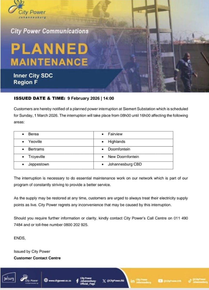 Planned <a href="/CityPowerJhb/">@CityPowerJhb</a> maintenance in Region F on Sunday 1 March