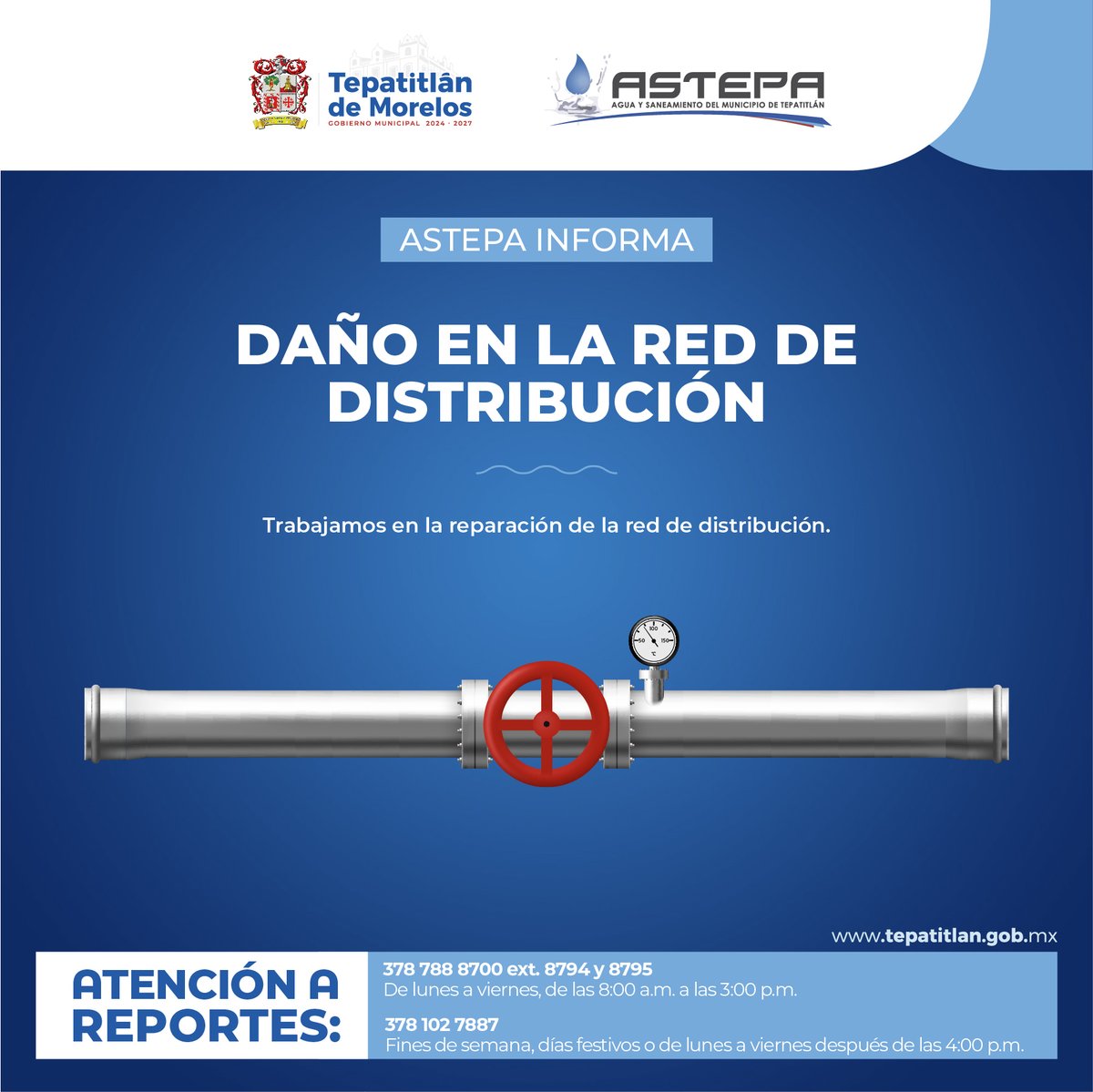 💧🚧 Suspensión temporal del servicio de agua en el Fracc. Royal Park debido a trabajos de mantenimiento en la red de distribución.

Una vez concluidas las labores, se reanudará el servicio.