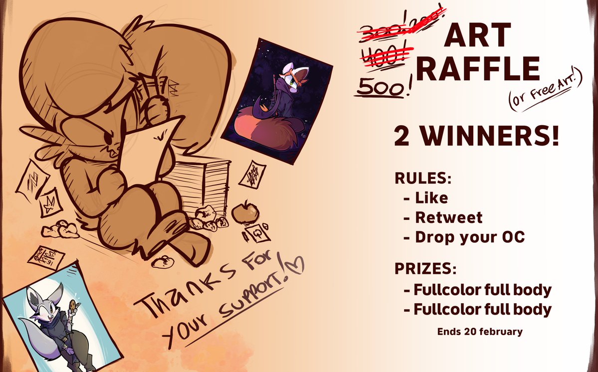 🎁500 ART RAFFLE!!🎁
I finally have some time to continue with this.Once again, thank you so much for yall's support! Winners will be randomly chosen
- Like + RT to enter! ✨
- Comment your OC ✨
- Follow is totally optional! ✨

Ends on February 20th. GOOD LUCK!!!🍀