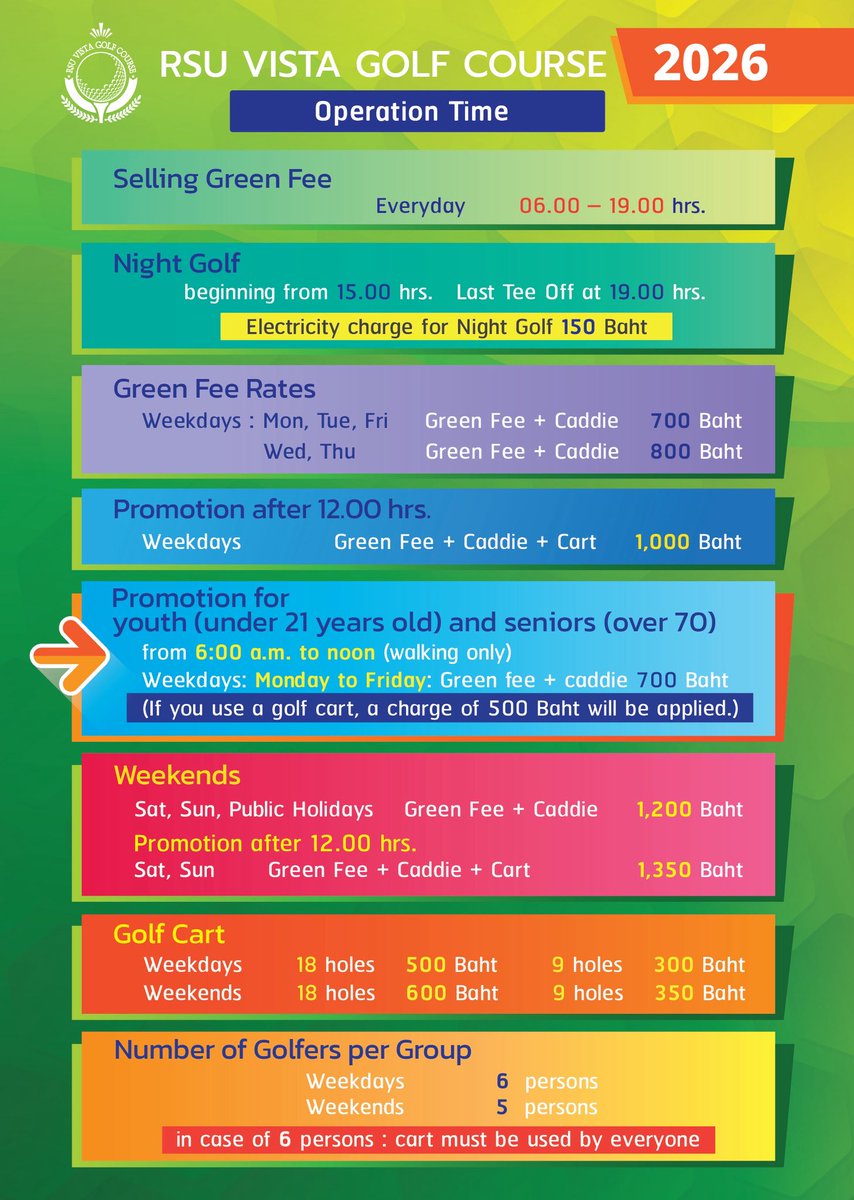 RSUVista's tweet photo. ⛳️✨ RSU Vista Golf Course, Thailand 

📣 Hot Weekday Deal 

🗓 Monday–Friday
⏰ Morning Play (6:00–12:00)

💸 Green Fee + Caddie — ONLY 700 THB! 😲🔥

👉 Eligible for:
🧒 Youth under 21
👴👵 Seniors over 70

📆 Starting Monday, 17 February 2026
🪪 ID required. https://t.co/CYLRN6F4qT