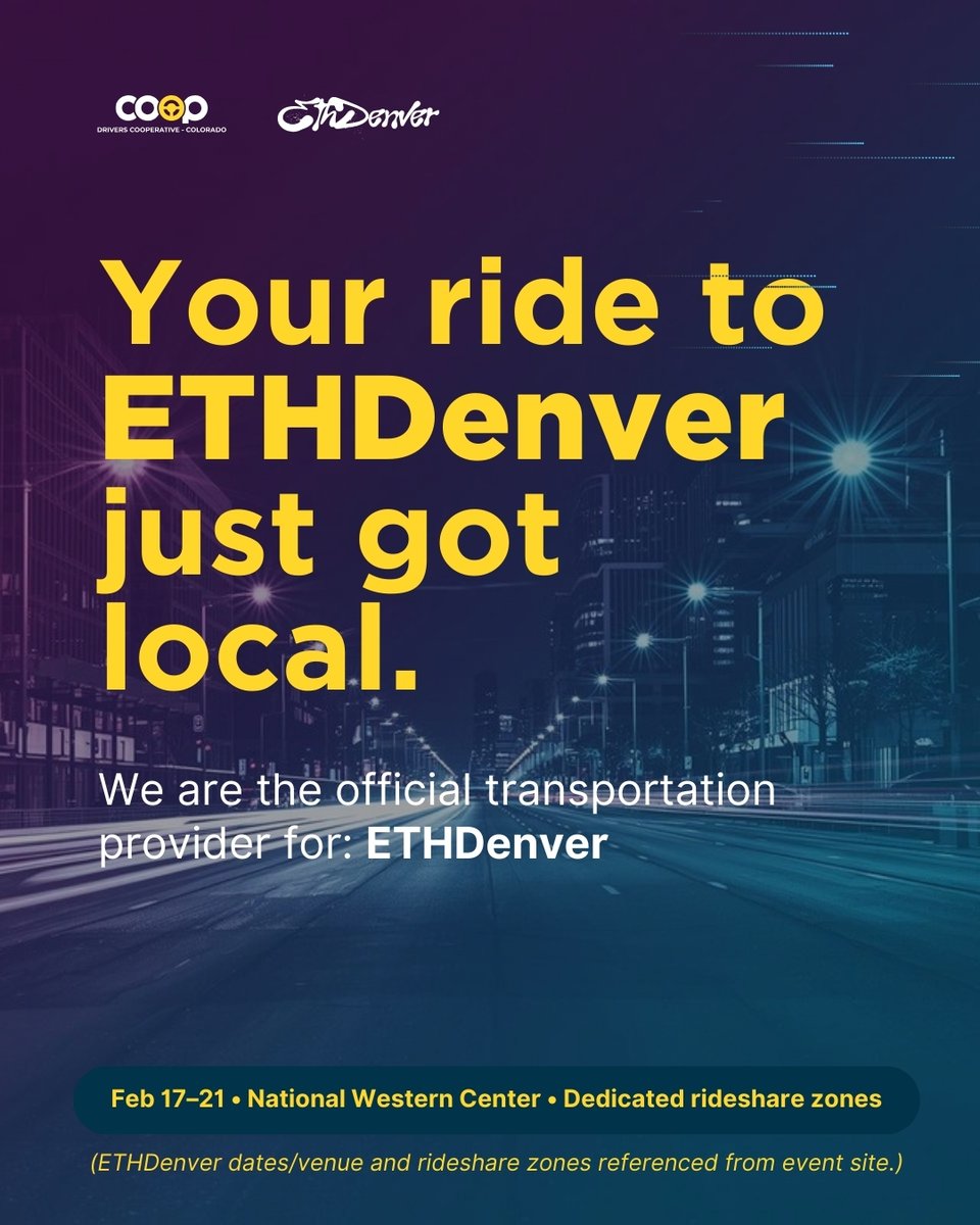 driverscoopco's tweet photo. Your ride to ETHDenver just got local.
COOP Rideshare is @EthereumDenver official transportation provider—driver‑owned rides, fair pay, WAV options. Details: https://t.co/r2lK9726Up #ETHDenver #Denver #Rideshare #DriverOwned #Accessibility #Web3 #Colorado https://t.co/Tans8pimtn