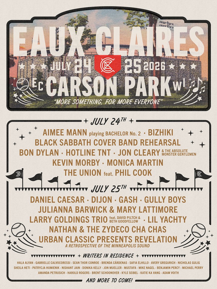 boniver's tweet photo. Eaux Claires. July 24 - 25, 2026.

Local presale tickets available now: https://t.co/dRpJtIunki

Fan presale starts tomorrow at 9am; sign up for first access: https://t.co/lcIb44HbE8 https://t.co/DSzFE9Txqu