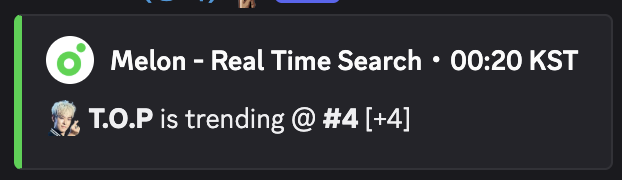 Melon - Real Time Search・00:20 KST        

💛 T.O.P is trending @ #4 [+4] on Melon    

#TTTOP #CHOISEUNGHYUN #CSH1IntoAnotherDimension