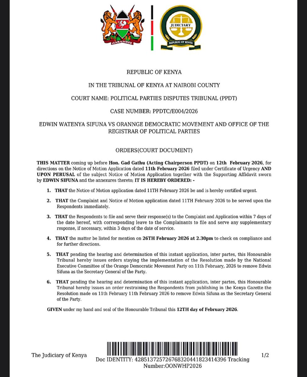 ppdtkenya's tweet photo. Political Parties Disputes Tribunal issues interim orders in PPDTC/E004/2026 involving Edwin Sifuna, certifying the application as urgent, directing service and responses, and staying the implementation and gazettement of the resolution pending inter partes hearing.#EdwinSifuna https://t.co/GNoJNZtH4q