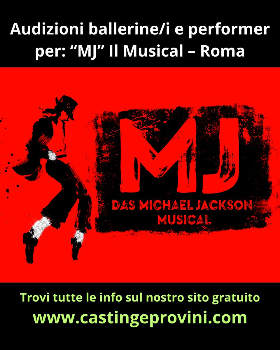 Audizioni ballerine/i e performer per: “MJ” Il Musical. Stage Entertainment – DE ha aperto le selezioni per il cast della produzione dedicata a Michael Jackson. Le audizioni si terranno a Roma il 14 marzo 2026. Apri il seguente link per tutte le info: castingeprovini.com/audizioni-ball…