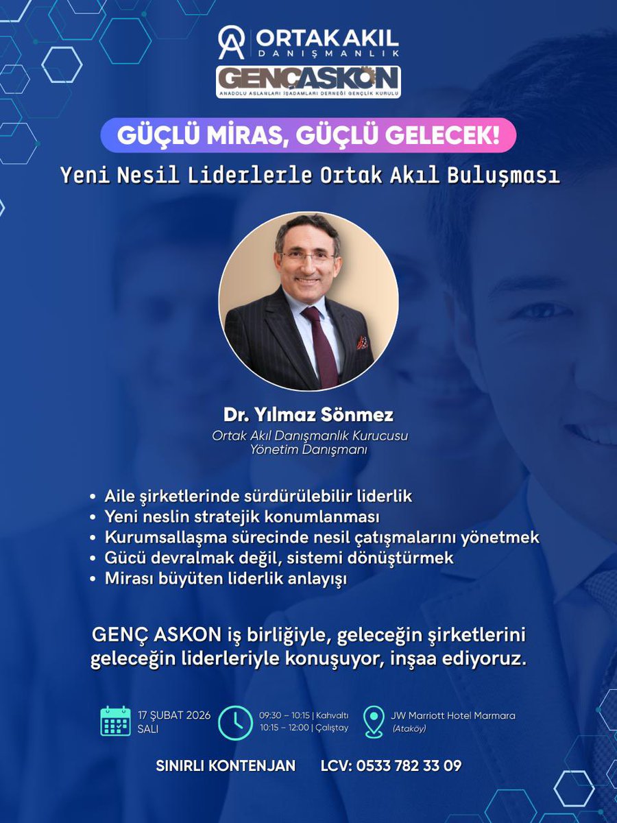 Türkiye’nin güçlü aile şirketlerinin geleceği, yeni nesil liderlerin vizyonuyla şekilleniyor.

GENÇ ASKON iş birliğiyle düzenlediğimiz bu özel buluşmada, “Nesiller Arası Bayrak Devri” sürecini yalnızca bir devir teslim meselesi olarak değil; stratejik bir dönüşüm süreci olarak