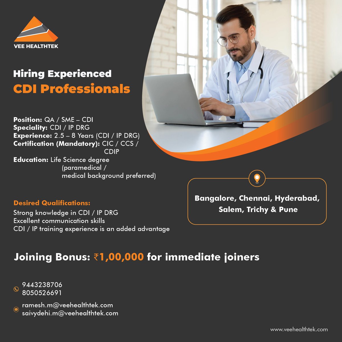 VeeHealthtek's tweet photo. Join Vee Healthtek and take the next step in your CDI career! We’re hiring experienced QA/SME professionals with strong IP DRG expertise. If you hold a CIC, CCS, or CDIP certification, this is your chance to grow with a people-first, high-performance team. Apply today! https://t.co/NzxvGD9aEK