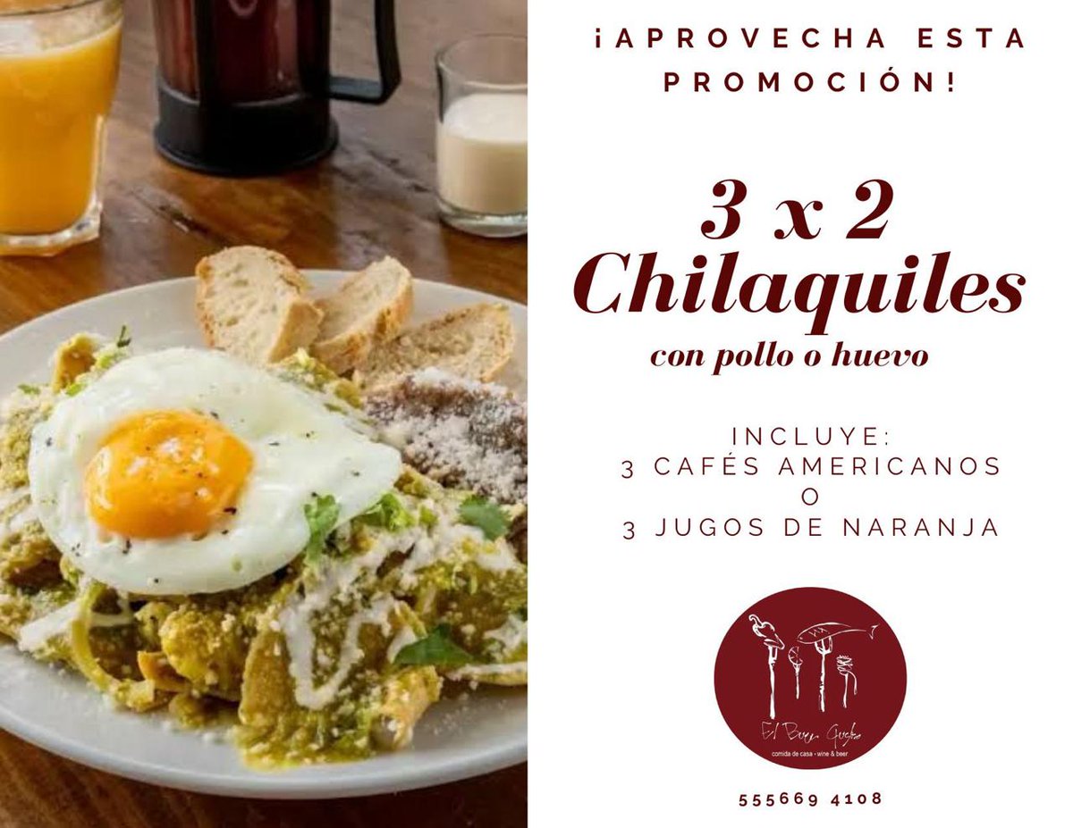 mailchi.mp/a0f0dc807fe3/m… Que tengan un Excelente Día amigos, Hoy tenemos promoción de Chilaquiles 3x2!! Incluyen 3 jugos o 3 cafés. Por la tarde no se pueden perder el Rico Menú de Hoy.