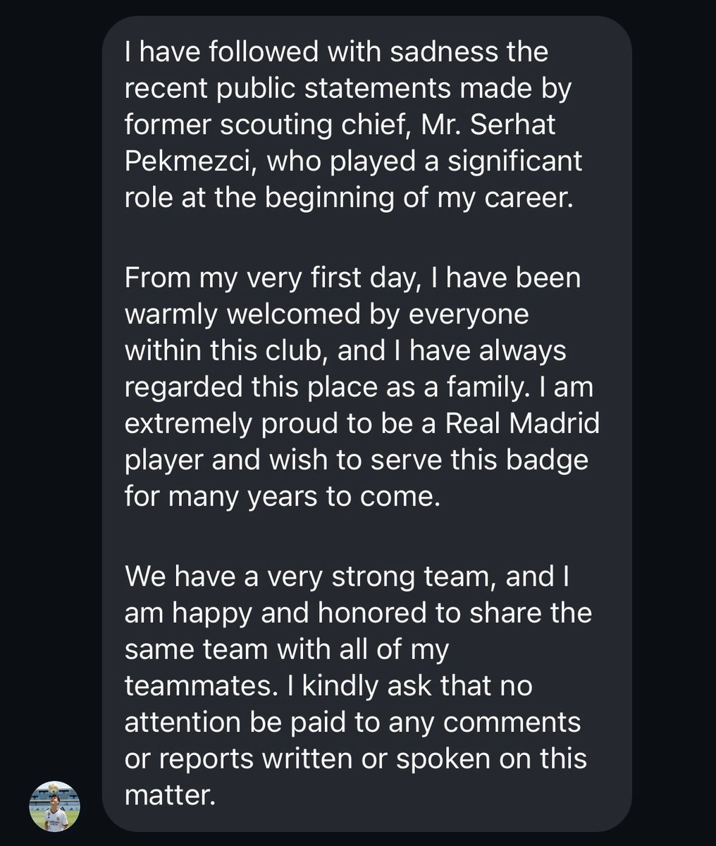 MadridXtra's tweet photo. 🚨 BREAKING: Arda Güler DENIES his former manager Serhat Pekmezci statement saying that the player is suffering from bullying in Real Madrid’s dressing room. https://t.co/wWbvuVFfMt