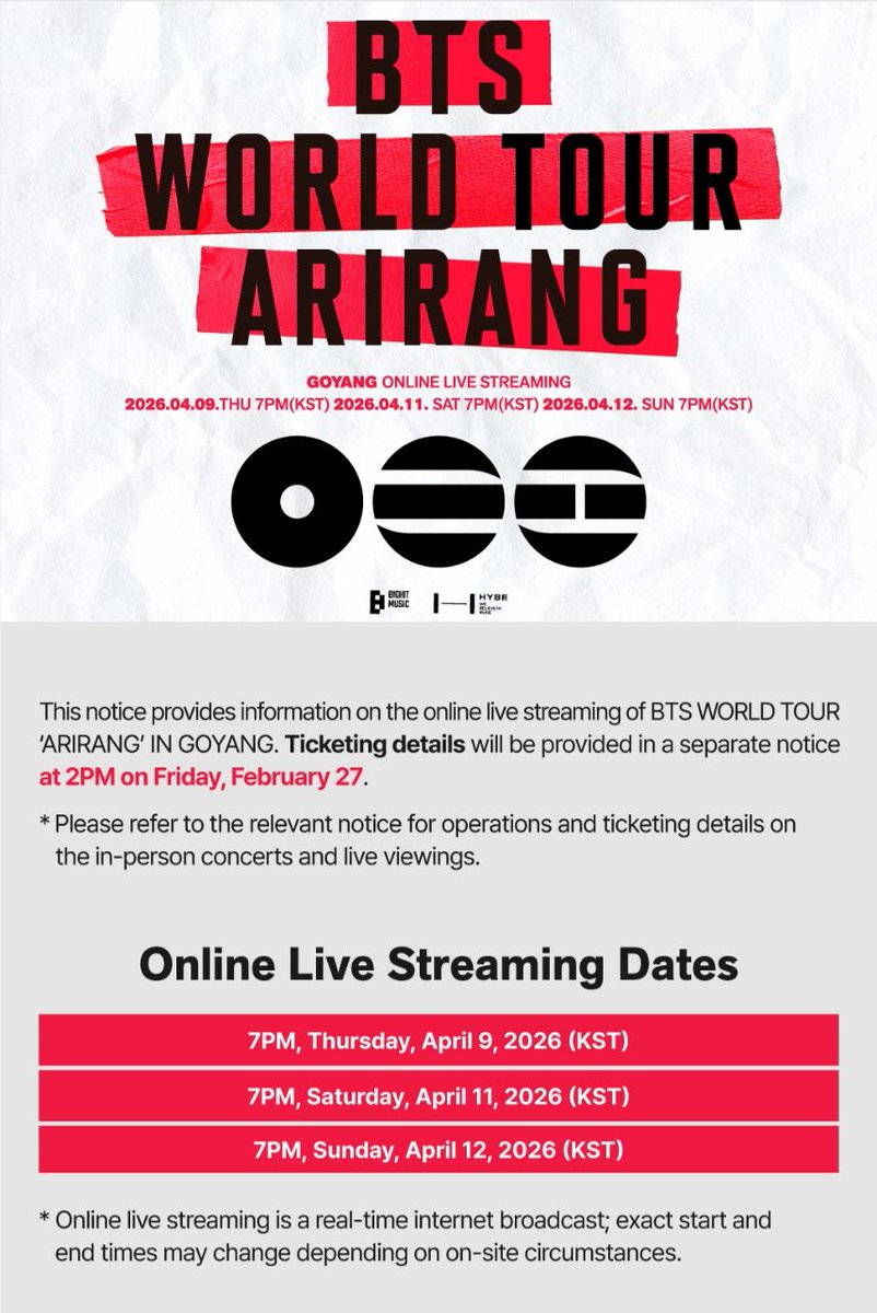 📢  FORMULÁRIOS DE TRANSMISSÃO

Atenção! Os formulários de transmissão dos próximos shows 'SEVENTEEN [NEW_] ENCORE' e 'BTS WORLD TOUR ARIRANG' serão abertos no começo de março. Fiquem de olho! 👀✨