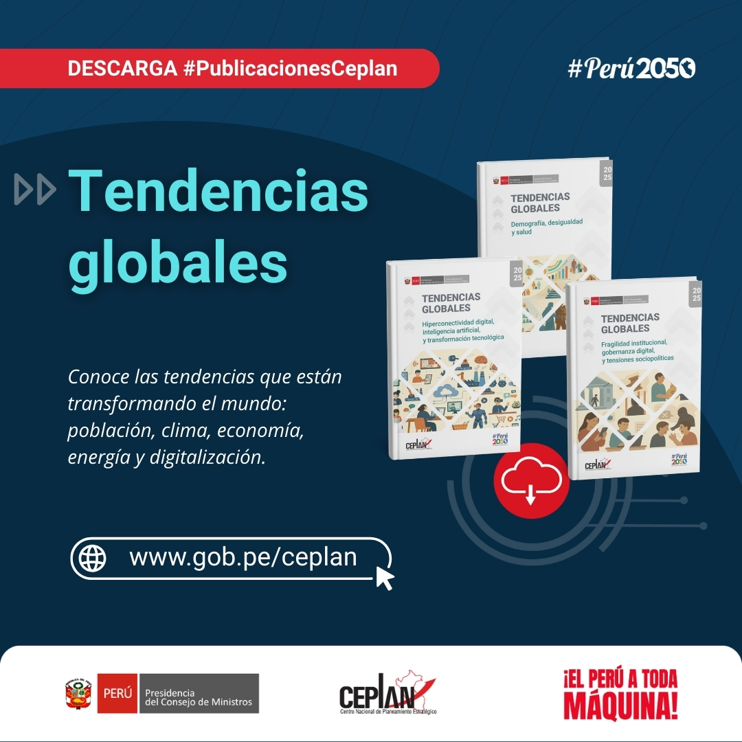 CEPLAN2050's tweet photo. #PublicacionesCeplan 🌏 Tendencias globales.
Conoce las tendencias que están transformando el mundo: población, clima, economía, energía y digitalización. 

📥 Descarga 👉 https://t.co/ZnRGQQq4dE

#TendenciasGlobales #Perú2050 #Prospectiva https://t.co/Cw9TihO3BP