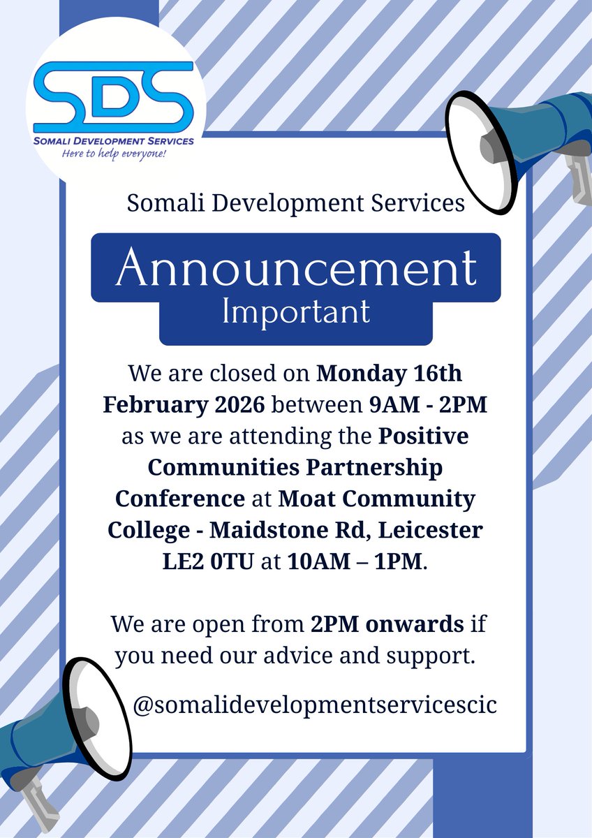 We are closed on Monday 16th Feb 2026 between 9AM - 2PM as we are attending the <a href="/Positive_Coms/">Positive Communities</a> Partnership Conference at Moat Community College, Maidstone Rd, Leicester LE2 OTU at 10AM - 1PM. We are open from 2PM onwards if you need support. Come along and join us - tickets below