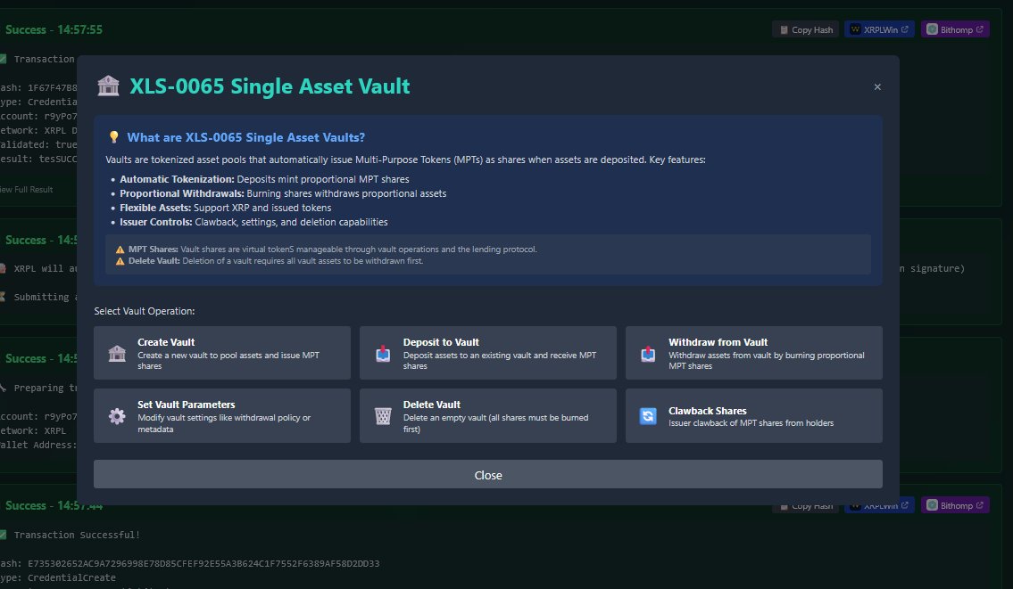 XLS-65 Single Asset Vault's are now available, alongside Credentials and permissioned Domains in the Devnet Portal 🎉

Test it today :-
xspence.co.uk/devnet

Doc's :-
github.com/XRPLF/XRPL-Sta…

#XRPL #Devnet
