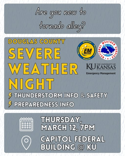 dgcoem's tweet photo. New to Kansas? Or just new to Tornado Alley? 🌪️Learn what to expect during severe weather season and what actions to take when warnings are issued. Thursday, March 12, 7pm, KU’s Capitol Federal Hall. #ksws #dgcoks https://t.co/qvxmf15isU