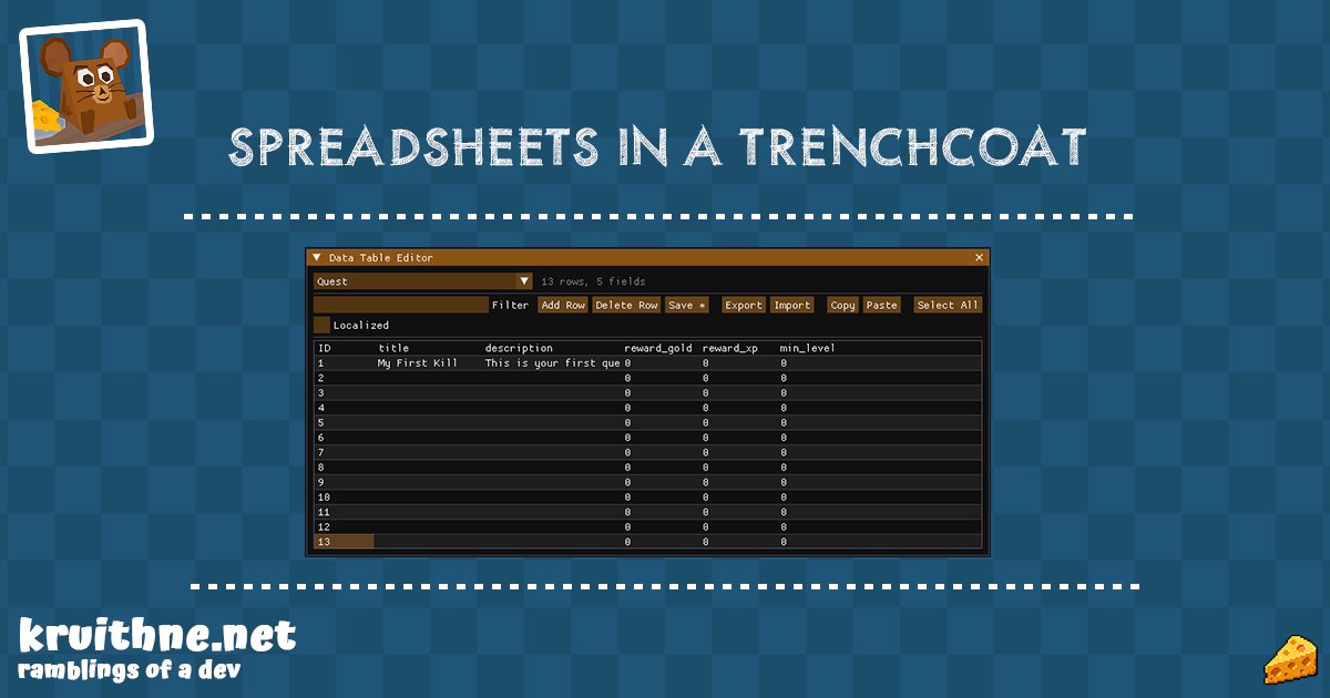 made a data table system for my game engine, wrote a devlog entry about it

two posts about data in two days, sorry not sorry. next post will include ducks to make up for it

#gamedev #indiegamedev #indiegames
