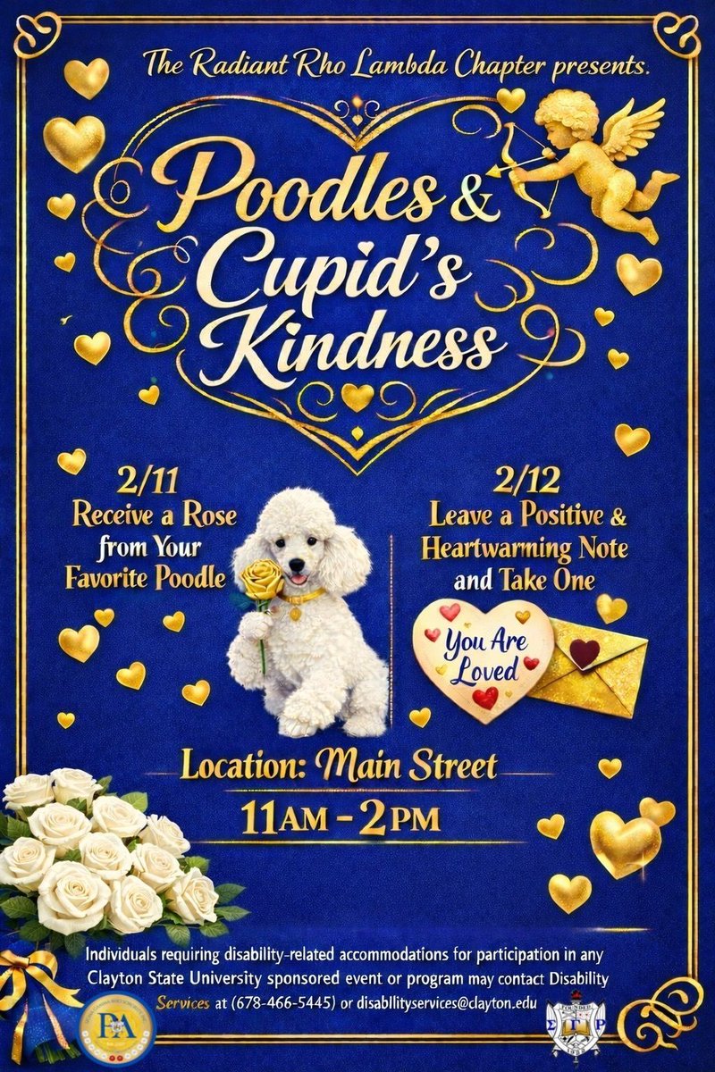 Laker Nation! Share Valentine's love!
Sigma Gamma Rho - Receive a Rose 2/11 - 11-2p Main Street
  - Leave a Positive/Heartwarming Note &amp; Take One 2/12 - 11-2p Main Street
#ValentinesDay #CSU 🧡 💙
@csucampusrec <a href="/CSUHousing/">CSU Housing</a> <a href="/CSU_SA/">Clayton State SA</a> <a href="/ClaytonState/">Clayton State</a>